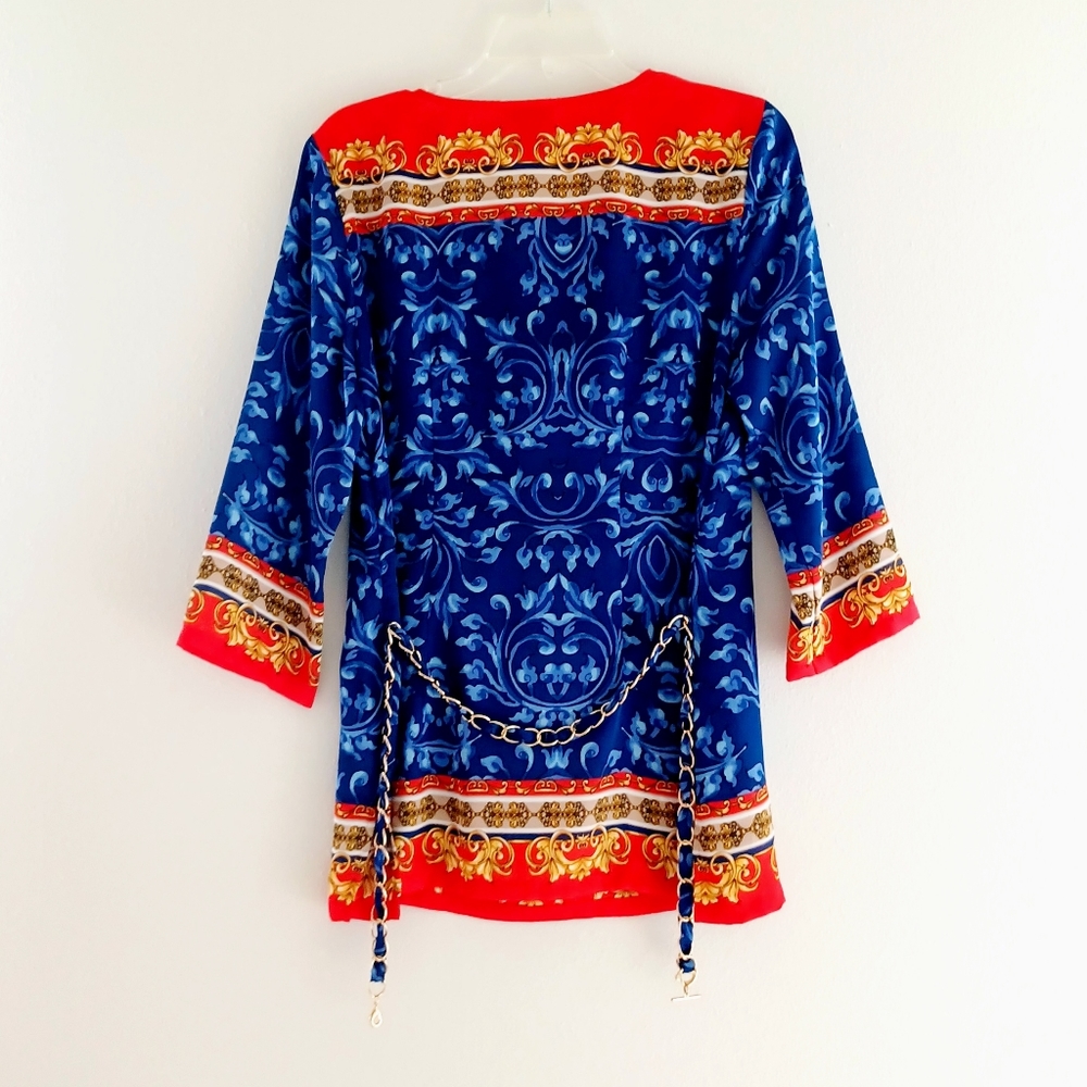 CACHE Blue & Red Blouse with Chains, size S - Picture 10 of 16
